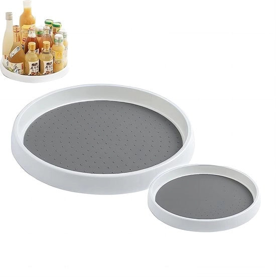 2 pezzi di organizzatore a rotazione per spezie con carrello rotante 360° progettato a due livelli con 2 misure di contenitore per spezie (25cm & 30cm) per organizzare ingredienti e pentole.