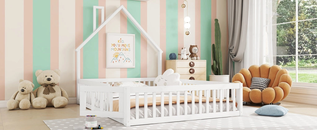 DESMIU Letto a casetta per bambini 140 × 200 cm 2 posti con barriera di sicurezza, senza materasso, pino bianco