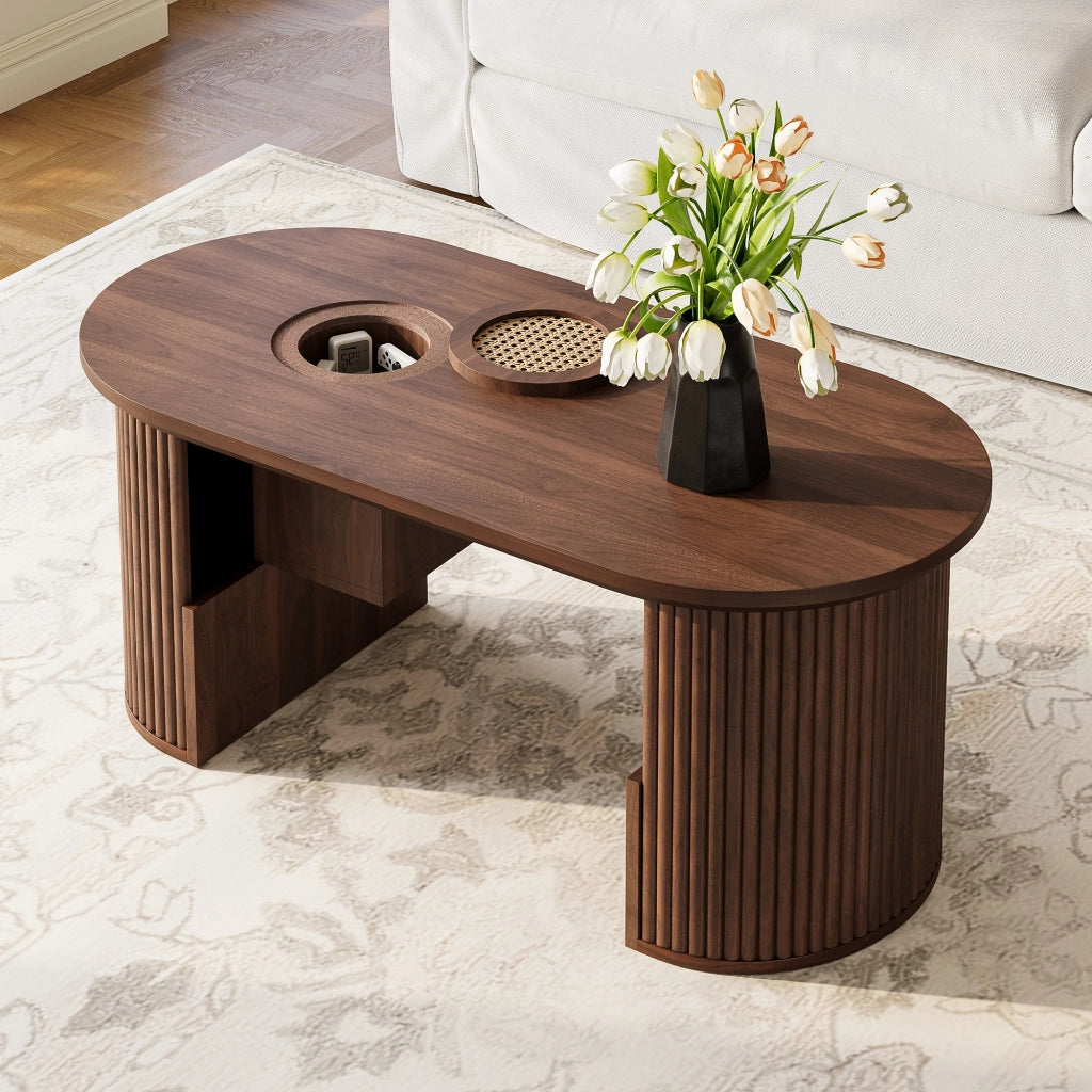 OKWISH Tavolino da Caffè Ovale con Vani Integrati e Ripiani Aperti, per Soggiorno, MDF, Noce, 105×50×46,5 cm