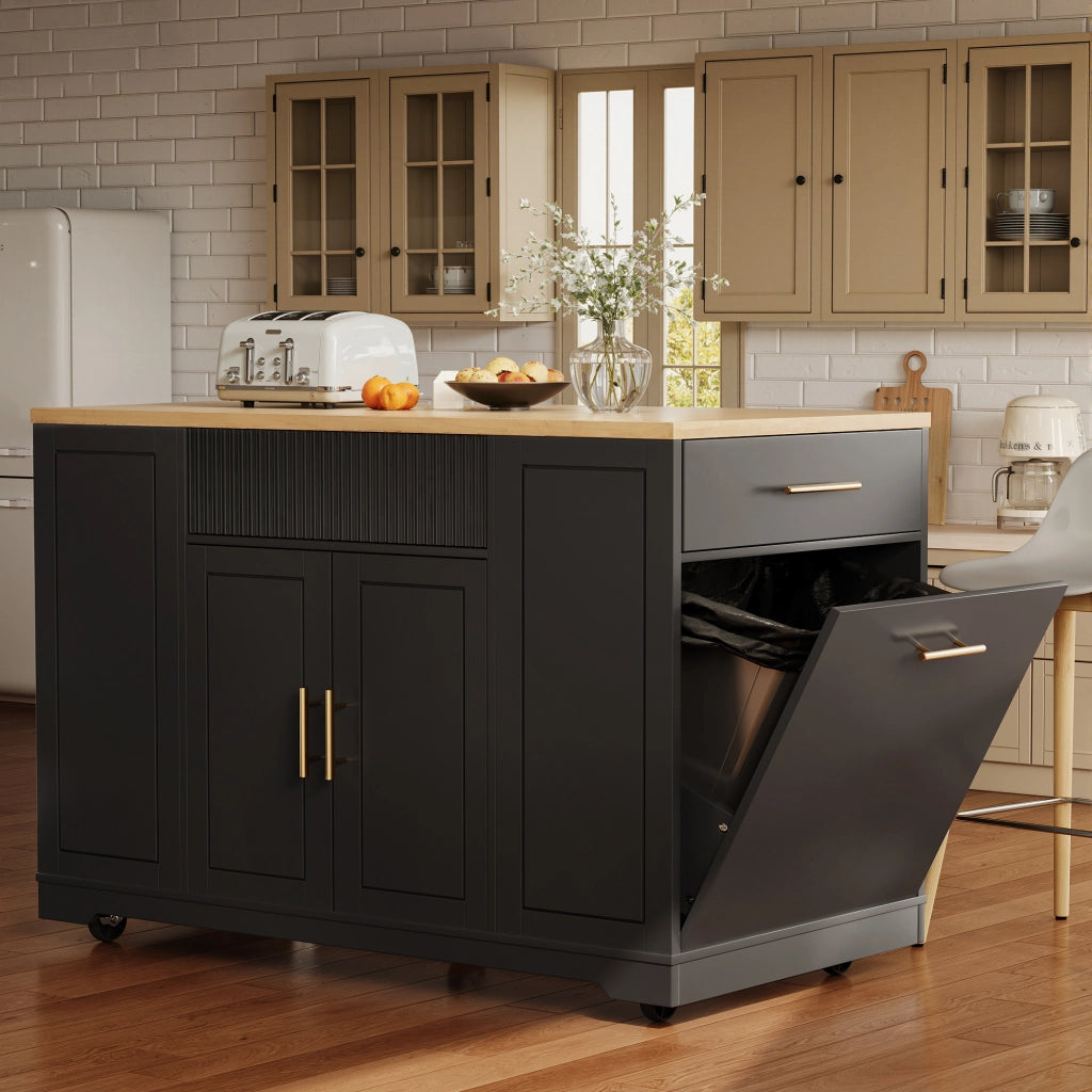 OKWISH Carrello da cucina con 2 ante, 3 cassetti, vano per pattumiera e 5 ruote, per cucina, MDF nero, 120x50x92 cm