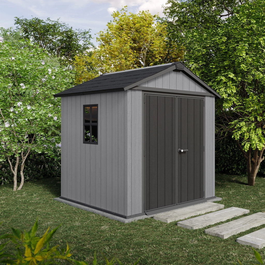 Newton + 757/775 - Casetta da Giardino 223x246x230 cm 2 Ante per deposito attrezzi finitura effetto legno Evotech+ in Resina Grigio e Nero