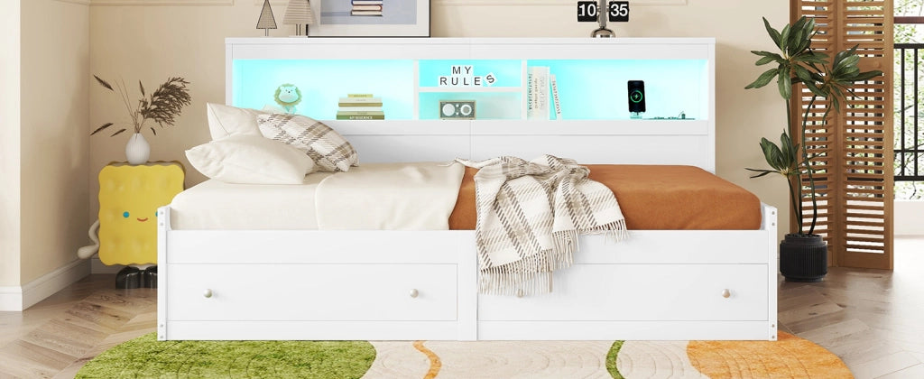 DESMIU Divano letto 90 × 200 cm 1 posto con 2 cassetti, USB, presa di ricarica e LED, senza materasso, bianco