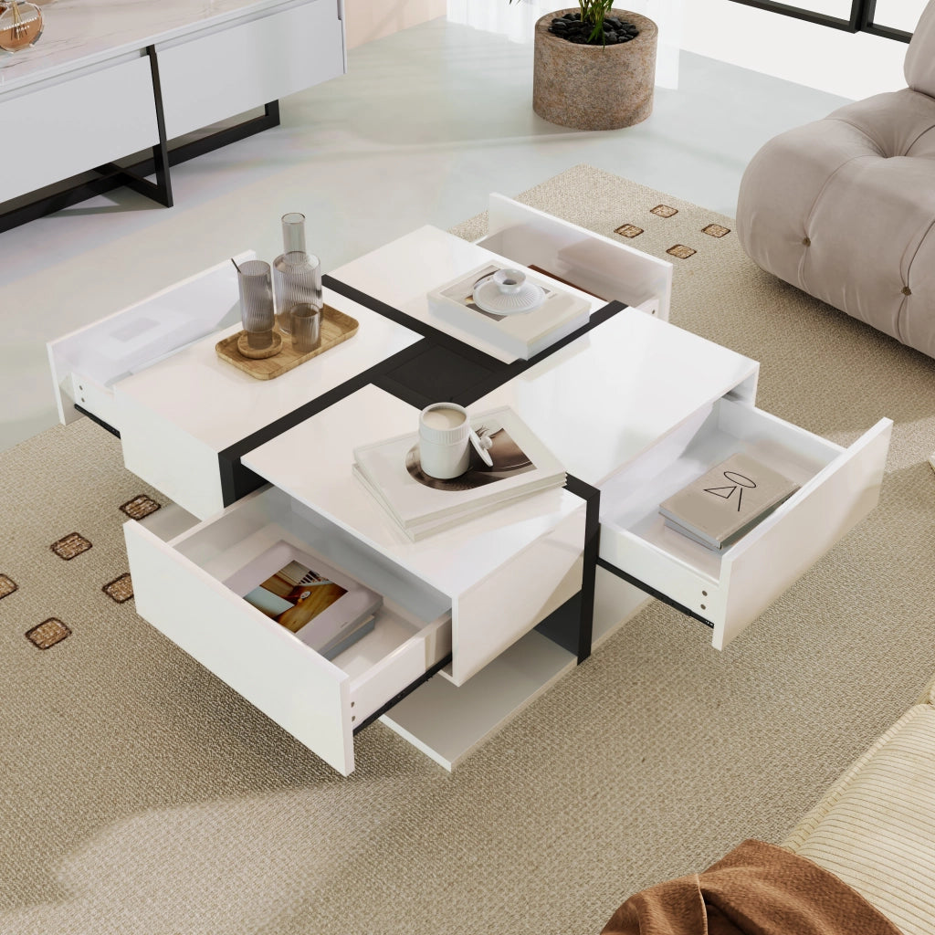 TAVOLINO Quadrato 78x78x36 cm Bianco lucido con 4 cassetti