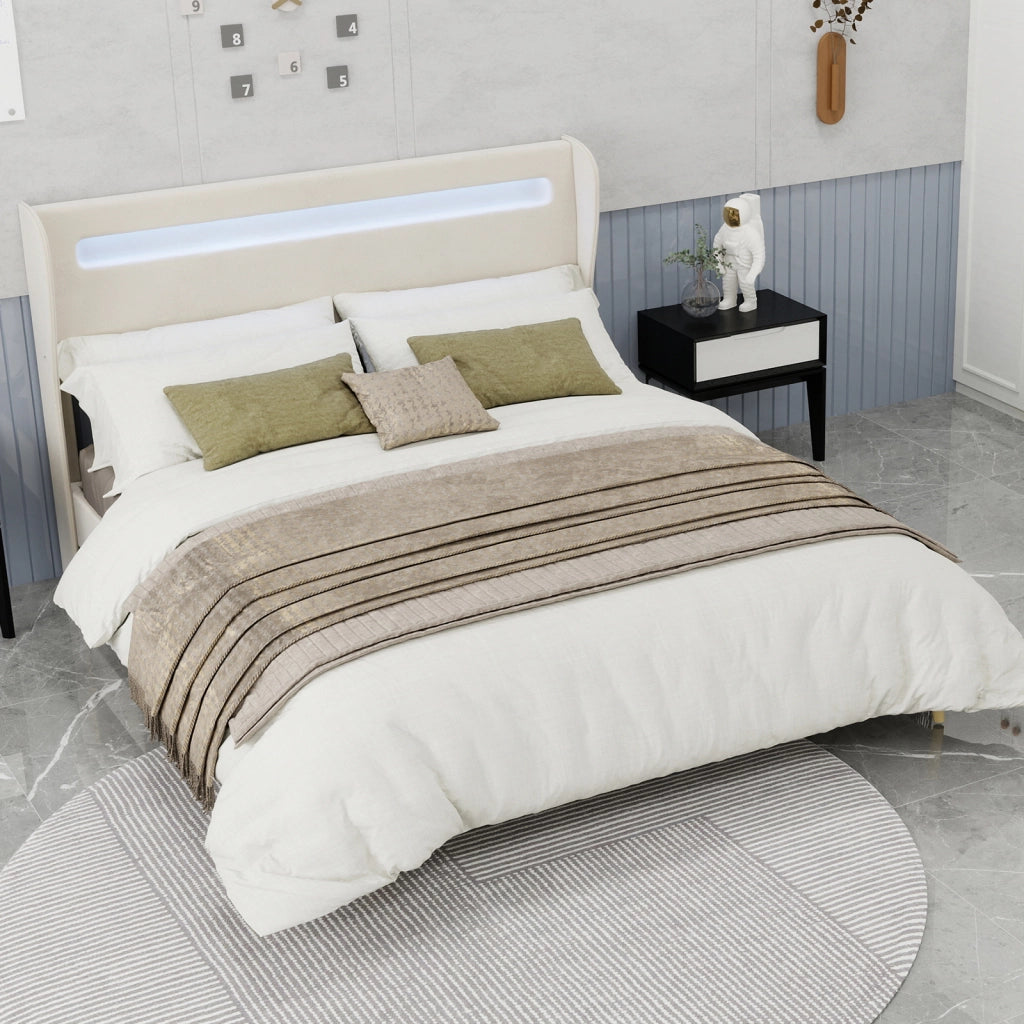 Letto Matrimoniale 160x200 cm con LED Regolabile e Schienale Regolabile in Tessuto Beige