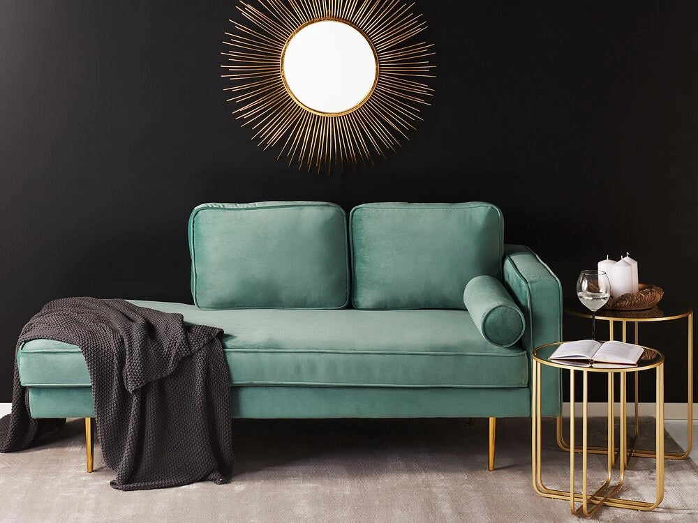 Chaise longue Verde Menta Velluto Imbottito Orientamento versione destra Gambe In Metallo Rafforzamento Cuscino Design Moderno