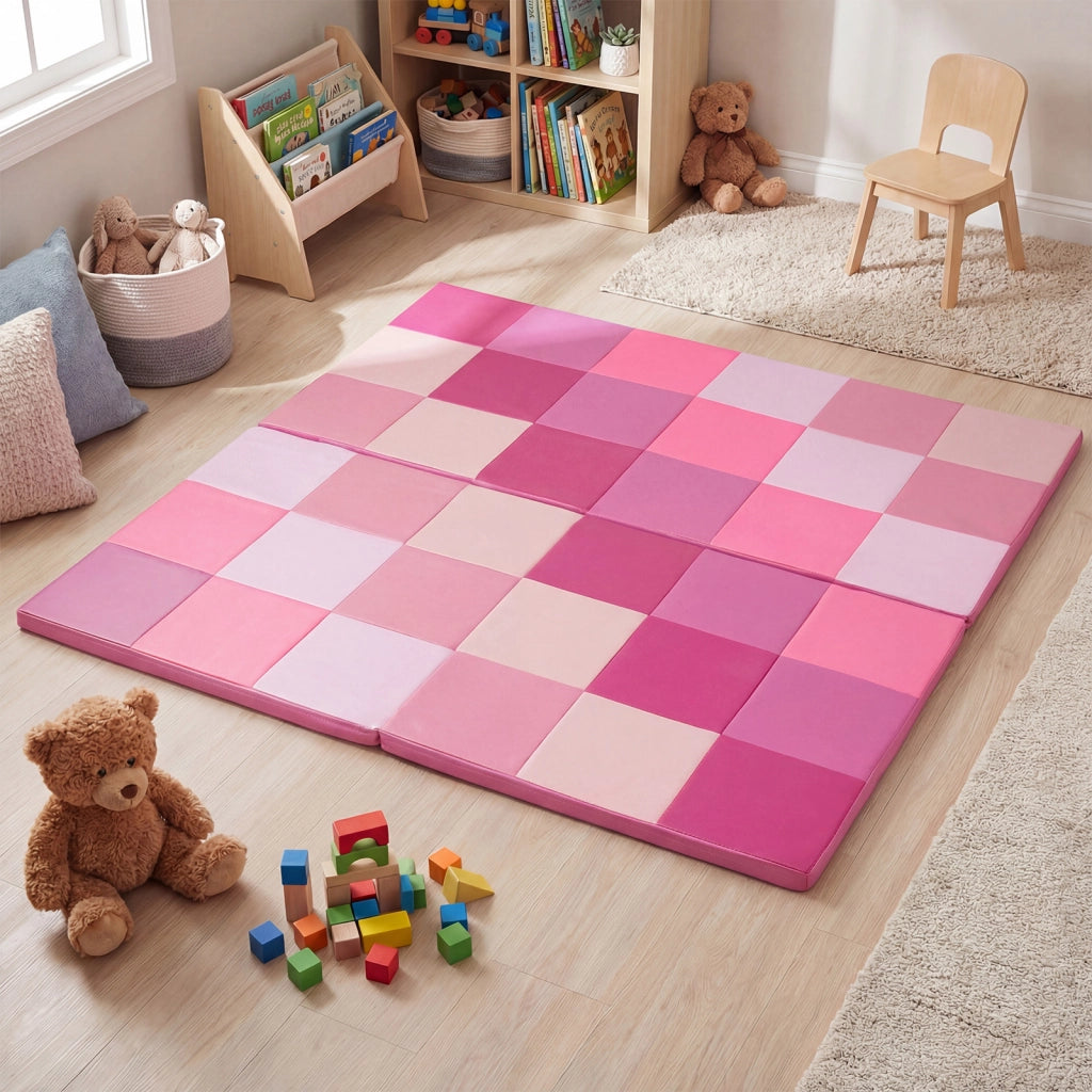 Tappetino attivit¨¤ patchwork per bambini pieghevole impermeabile, Tappetini da gioco set 2 pz 144x144cm Rosa