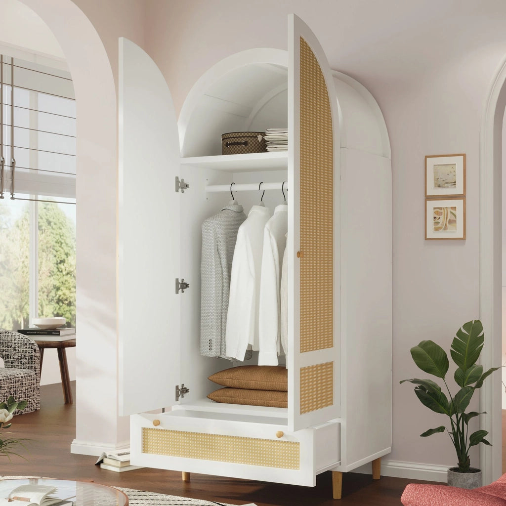 Armadio, design ad arco, stile intrecciato, con cassetti, 80x50x180 cm, bianco e color legno naturale