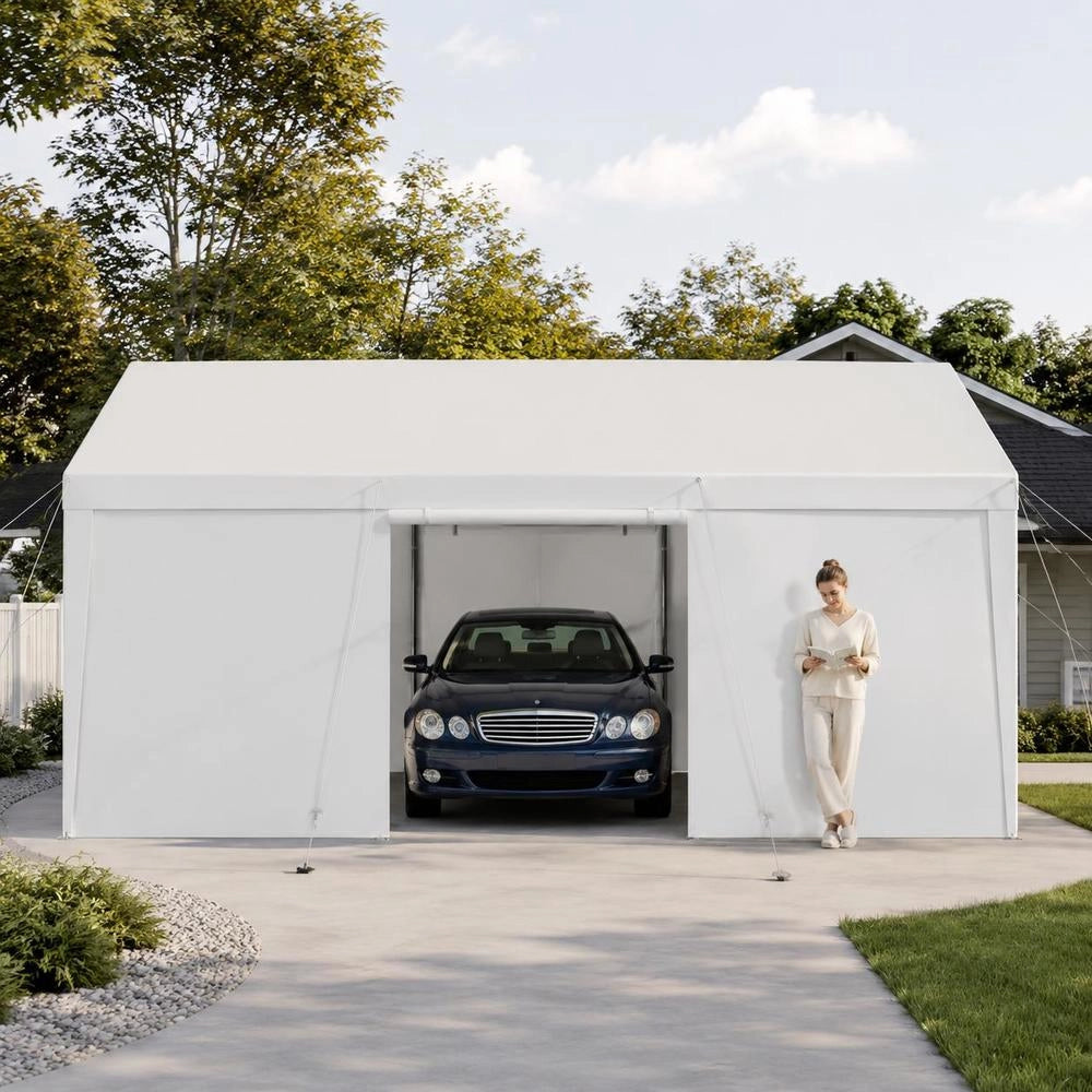 Carport, 3.65x6.09x3.02 M, Car Shelter, Tent Garage With Removable Side Walls & Door, Car Shelter, UV-resistant And Water-repellent, Year-round Protection For Car And Boat, White