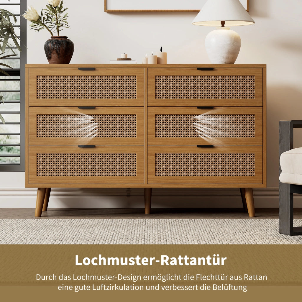 ?????ino a 6 cassetti in stile retrò con effetto rattan; 120 x 40 x 76;5 cm; noce