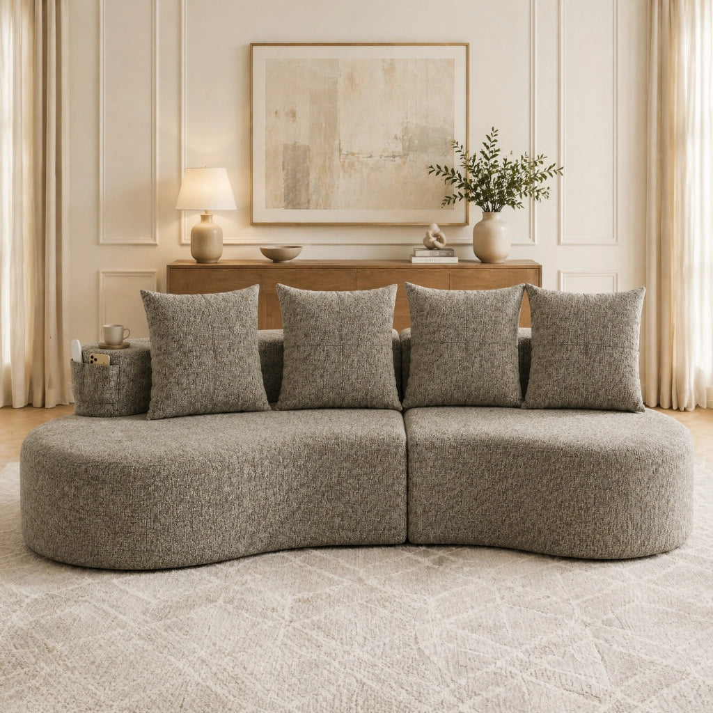 Divano in lino 240x109x60 cm color khaki con 4 cuscini; portabicchieri e tasche laterali
