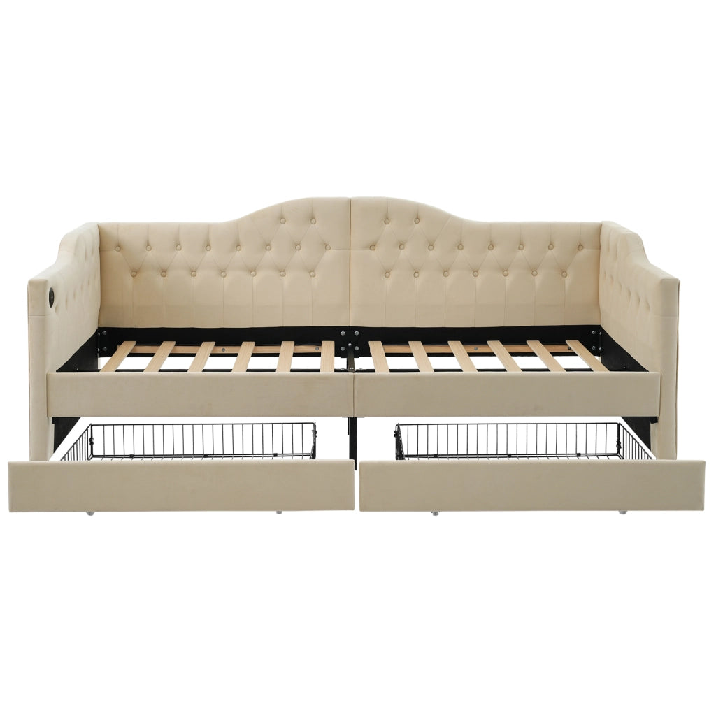 Letto daybed in velluto beige 90x200 cm con 2 cassetti; USB e Type-C