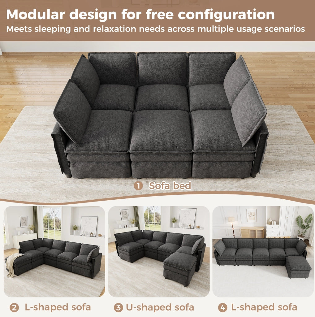 Divano modulare 6 posti in ciniglia grigio con pouf, 344 cm