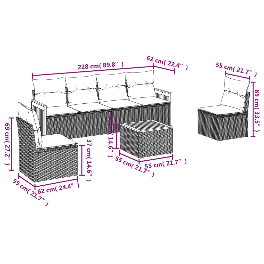 Set Divani da Giardino 7 pz con Cuscini Beige in Polyrattan