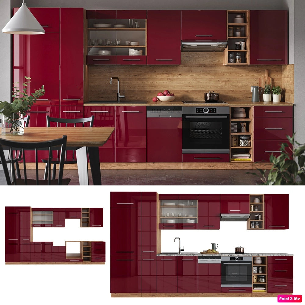 Cucina componibile Fame-Line Bordeaux lucido/Rovere dorato 355 cm, PL Antracite Vicco