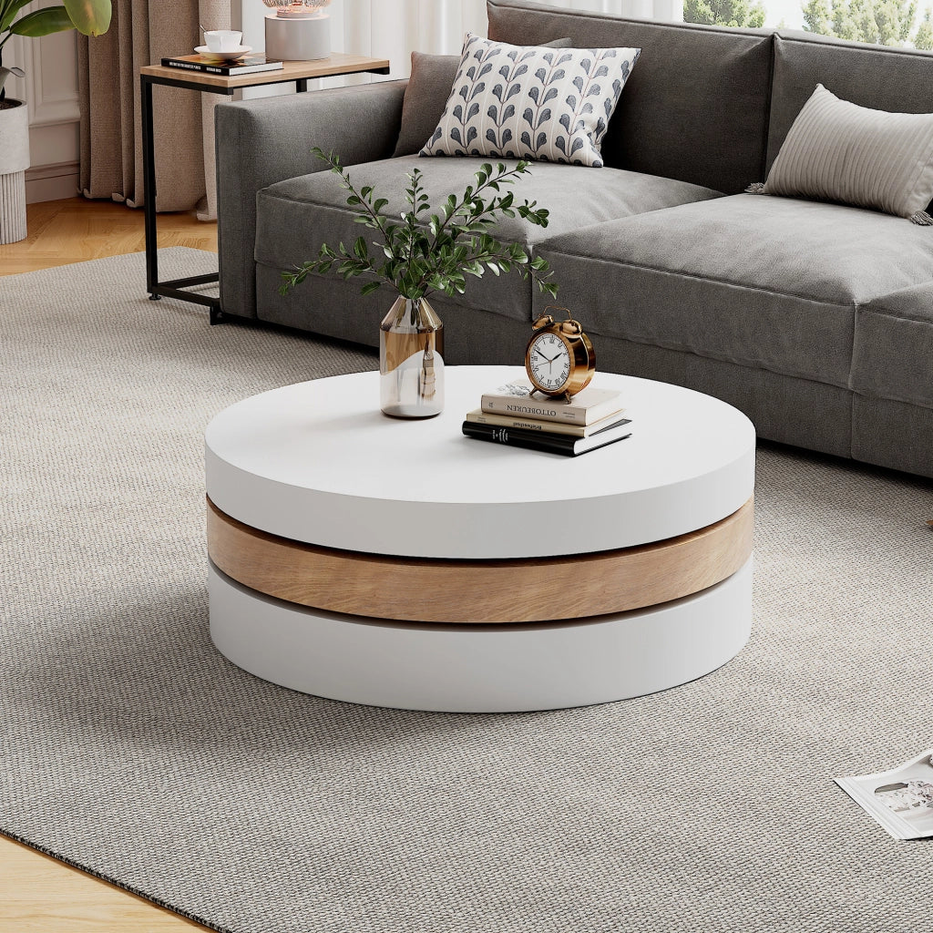 Tavolino basso girevole con 3 piani e vano contenitore nascosto per soggiorno in MDF bianco e legno naturale 60 × 60 × 35,1 cm