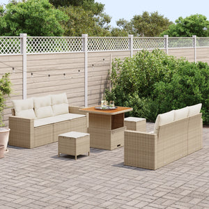 Set Divano da Giardino 9 Pezzi con Cuscini Beige Polyrattan Acacia