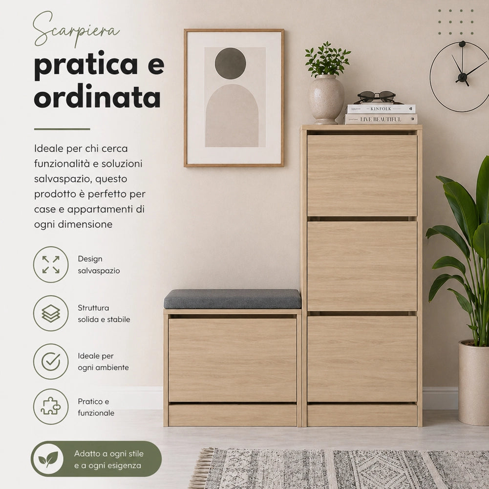 Scarpiera Salvaspazio 3 Ante Mobile Portascarpe 105x118,5 cm Multiuso Quercia