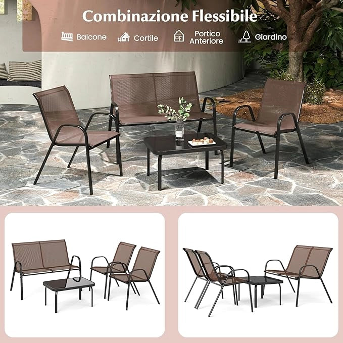 Set Tavolo e Poltrona da Giardino, Set di Mobili 4 Pezzi per Esterno, con Tavolino in Vetro Temperato, Panca e 2 Poltrone, per Giardino Balcone Piscina (Marrone)