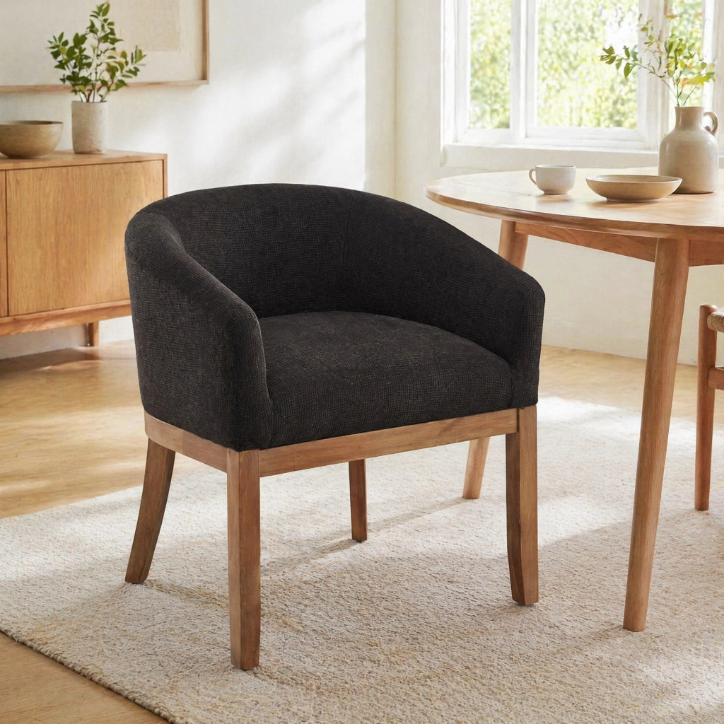 Sedia da pranzo con braccioli in ciniglia con struttura in legno massello stile mid century moderno grigio antracite