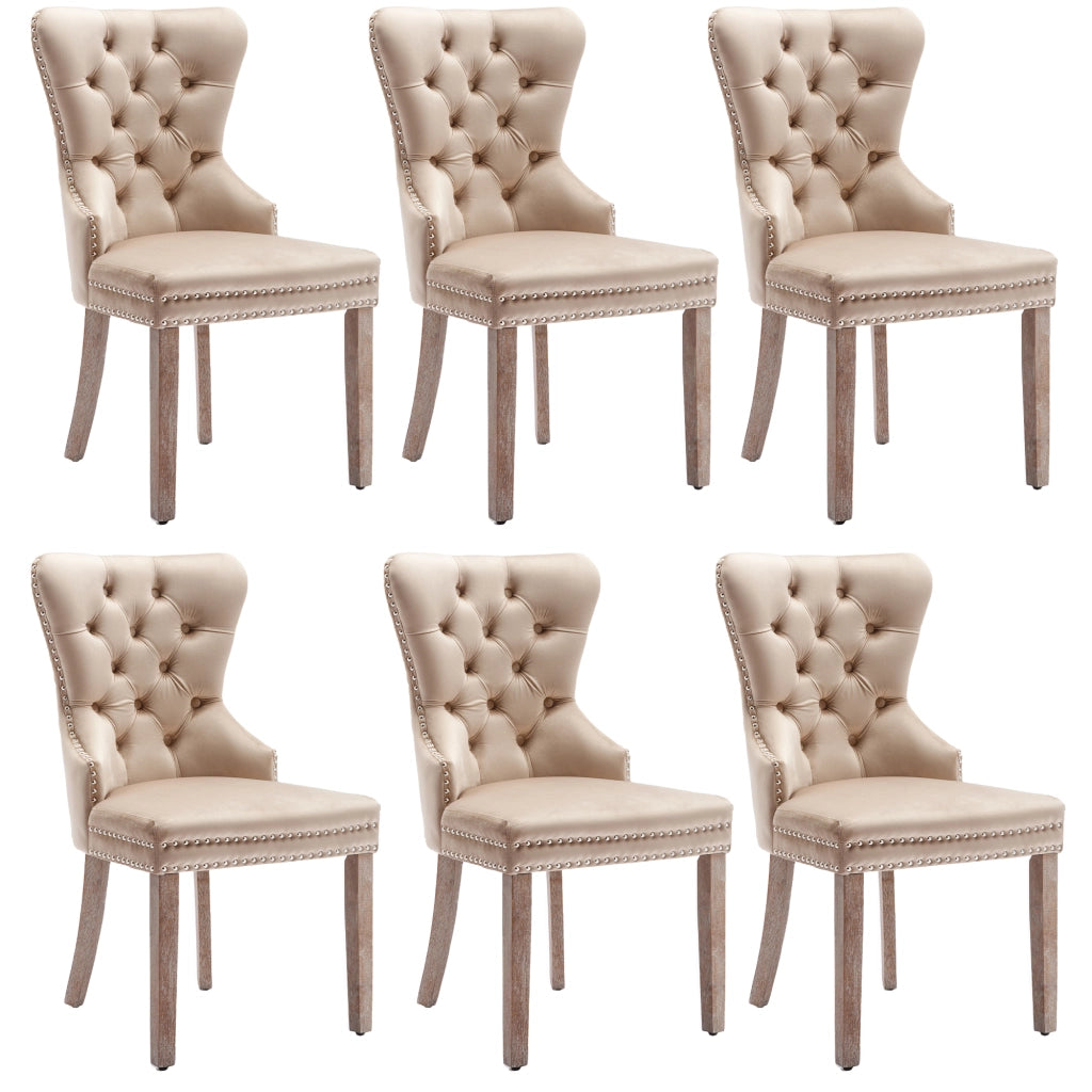 Sedia da Pranzo con Schienale e Seduta in Velluto Beige ¨C MINIMAL ¨C Set 6 Pezzi, Gambe in Legno Massello