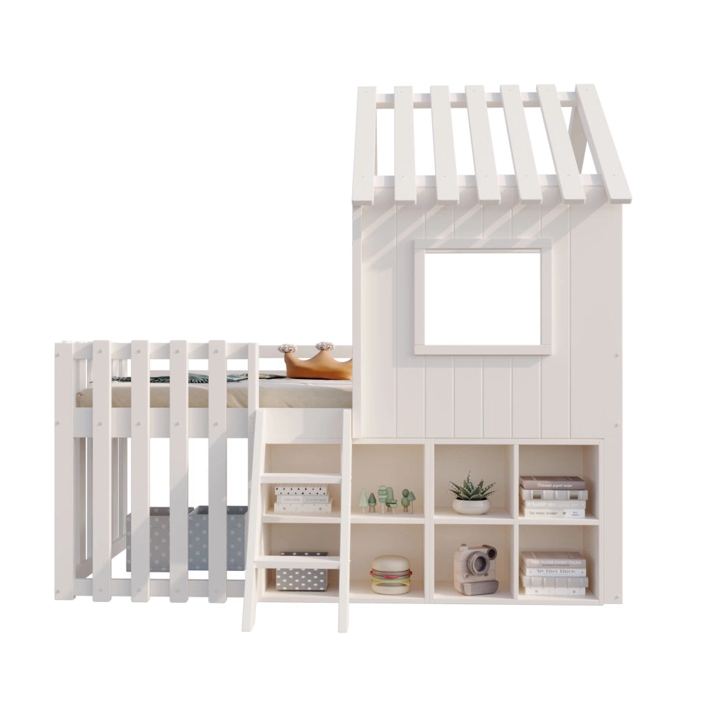Letto a Soppalco 90x200 cm con Tetto e Finestre; Contenitore; in Legno Massello; Bianco