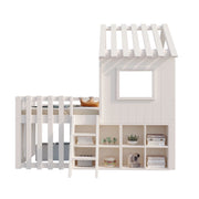 Letto a Soppalco 90x200 cm con Tetto e Finestre; Contenitore; in Legno Massello; Bianco