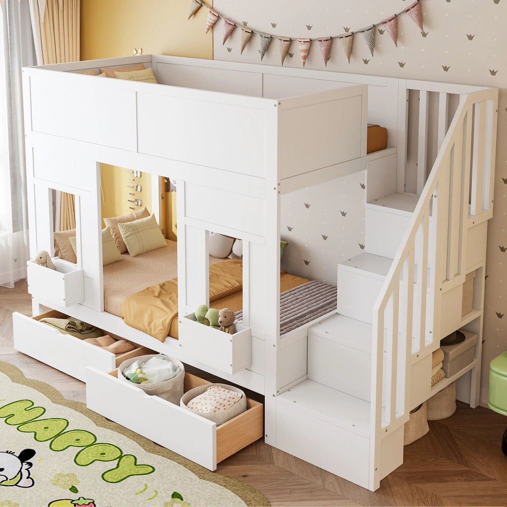 Letto a castello per bambini 90x200 con scale e cassetti; letto a soppalco con finestre; legno; corrimano di sicurezza; risparmio spazio per i bambini