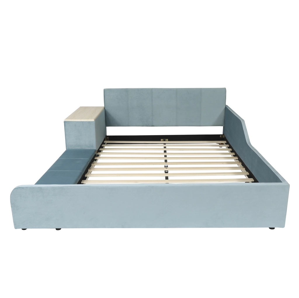 Letto imbottito 140x200 cm con scrivania laterale e sgabello in velluto blu