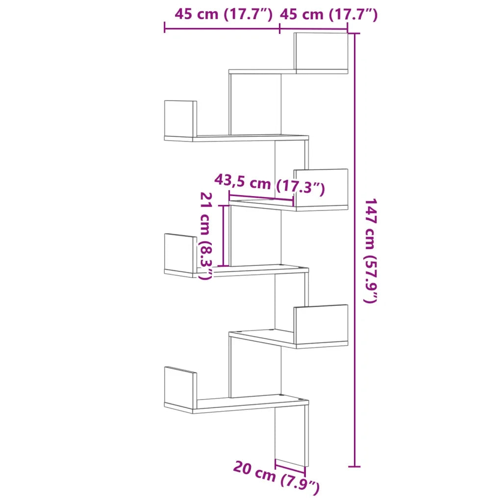 Scaffale Angolare a Muro Rovere Fumo 45x45x147 cm Multistrato