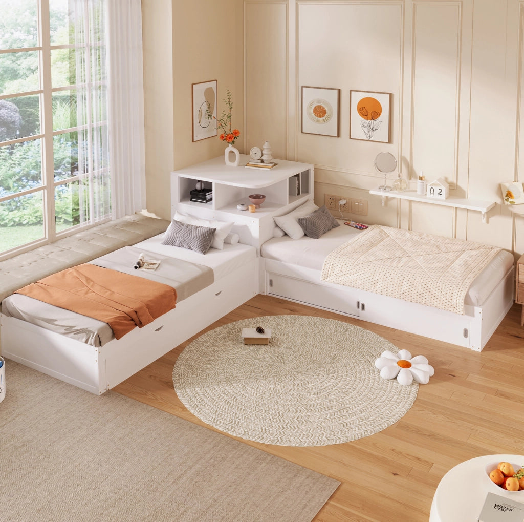 Letto singolo a L 90x200 cm con letto estraibile e LED