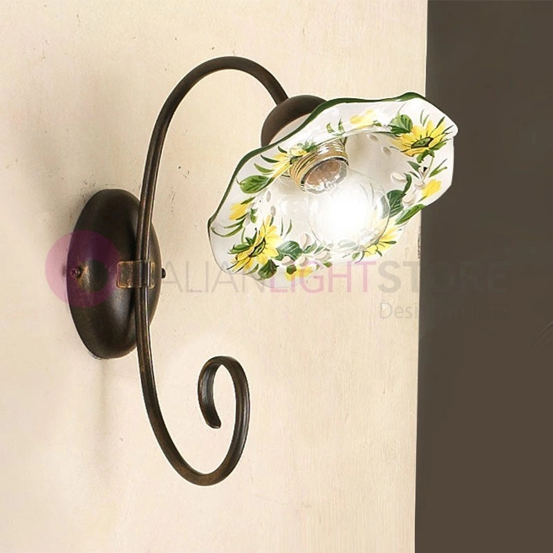 GIRASOLE Applique Singolo in Ferro Battuto e Ceramica Rustico Country