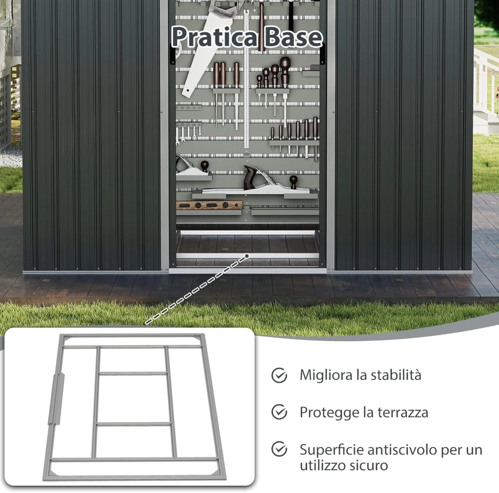 Casetta da Giardino 3,66㎡, Capanno da Esterno con Tetto Spiovente e Porte Scorrevoli, 4 Prese d'Aria e Base, in Metallo Zincato Resistente alle Intemperie, 235 x 171 x 196 cm