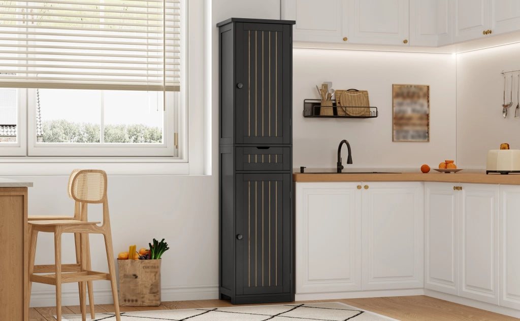 Dispensa alta con 4 ripiani regolabili e 2 ante, stile retrò, per cucina e soggiorno, in MDF, nero, 40 × 30 × 170 cm
