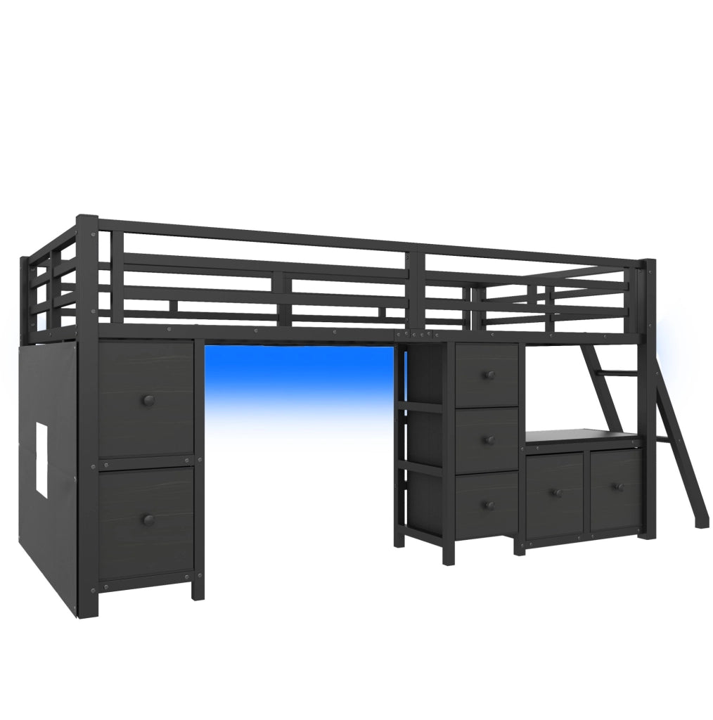 LETTO A SOPPALCO BASSO 90x200 cm Nero con 7 Cassetti e LED