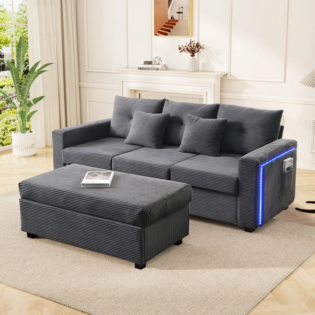 Divano ad angolo modulare con illuminazione LED e pouf versatile, con 2 cuscini, in tessuto corduroy grigio antico