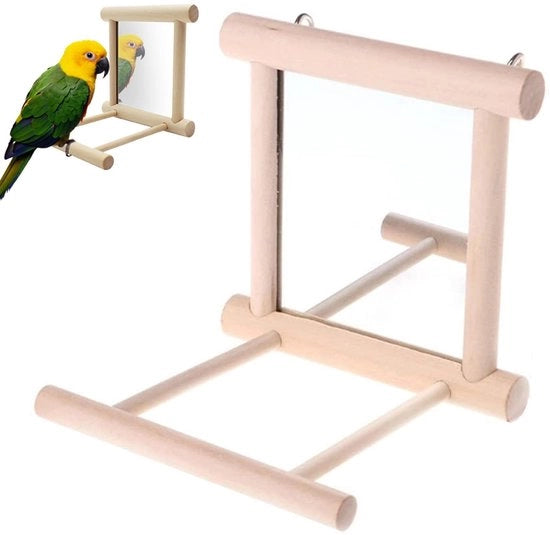 Specchio in legno con piattaforma di atterraggio, specchio con cornice in legno, specchio in legno con campanello, specchio in legno per uccelli gioco per uccelli accessori per animali domestici