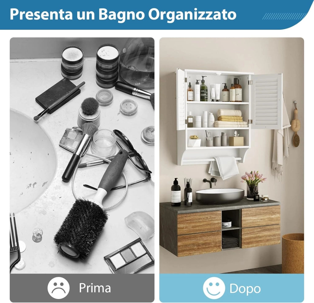 Armadietto da Bagno Sospeso, Armadietto da Parete con 2 Ante, con Ripiano Regolabile in 3 Posizioni e Barra Porta Asciugamani, 60x22x75 cm (Bianco)