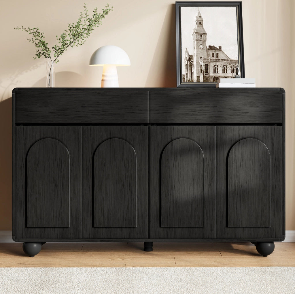 Credenza 140x38x89 cm nera in MDF e pannello truciolare, 2 cassetti e 4 ante