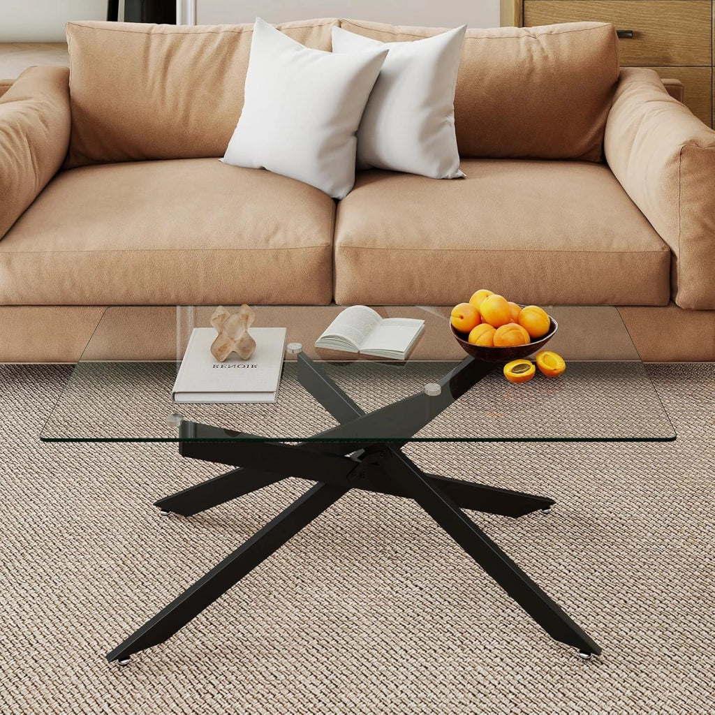 Tavolo da Caffè, Tavolino Salotto in Vetro Temperato con Gambe Incrociate in Metallo Placcato e Piedini Regolabili Antiscivolo, per Soggiorno e Ingresso, 120 x 60 x 45,5 cm (Nero)