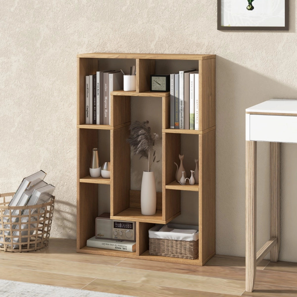 Libreria geometrica a 7 cubi-Moderna scaffale aperto da pavimento con dispositivo anti-ribaltamento per studio Naturale
