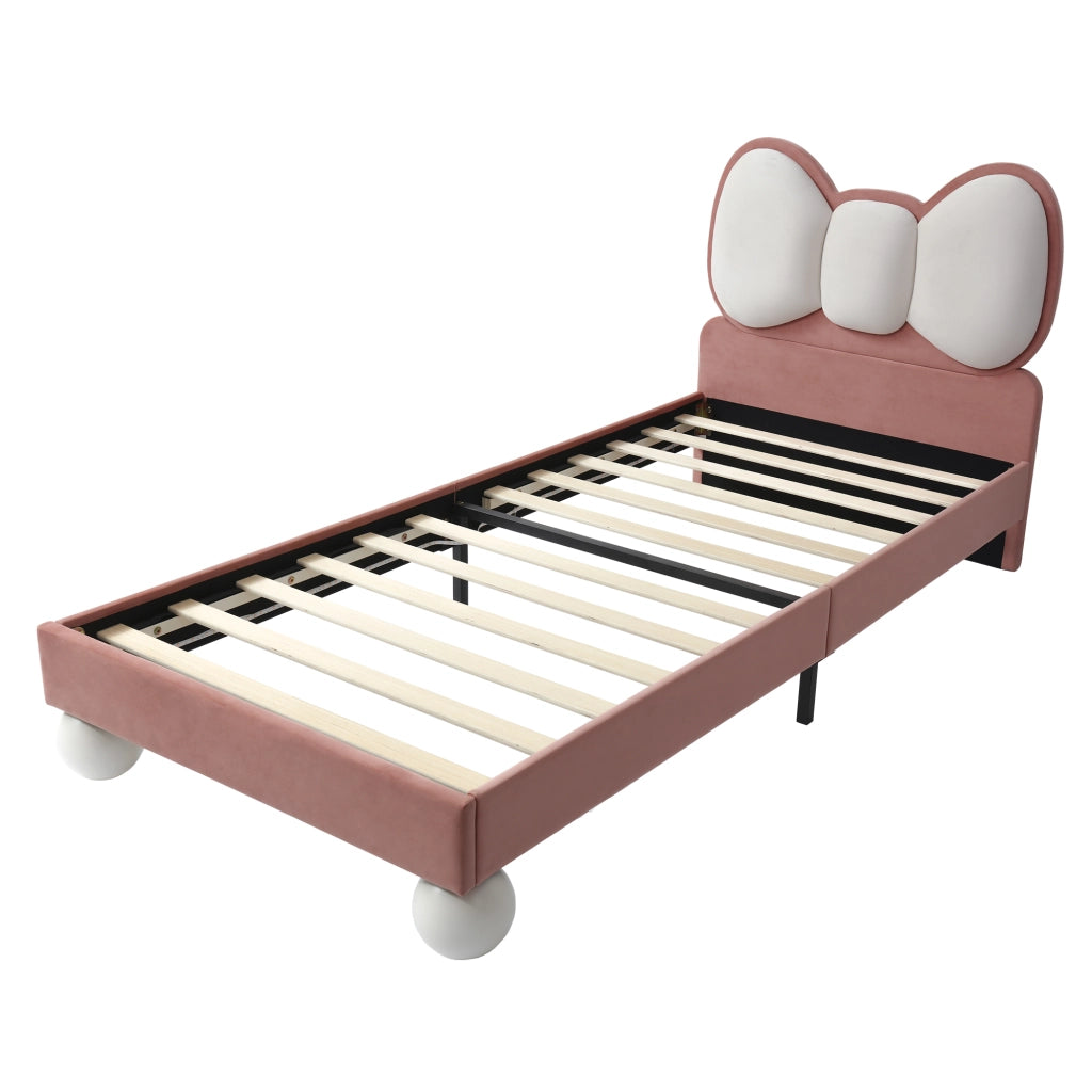 Letto per Bambini 90×200 cm; Letto Singolo con LED Regolabile e Testiera a Farfalla; senza Materasso; Velluto Rosa e Beige