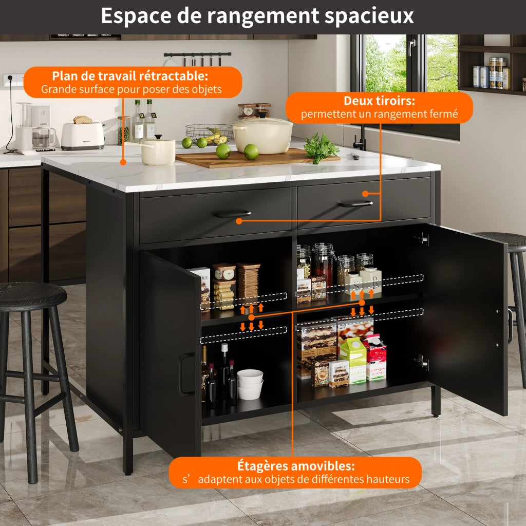 Tavolo Alto con 2 Cassetti e Ripiano Regolabile; in MDF; Nero; Cucina; Sala da Pranzo; 100x90x90 cm