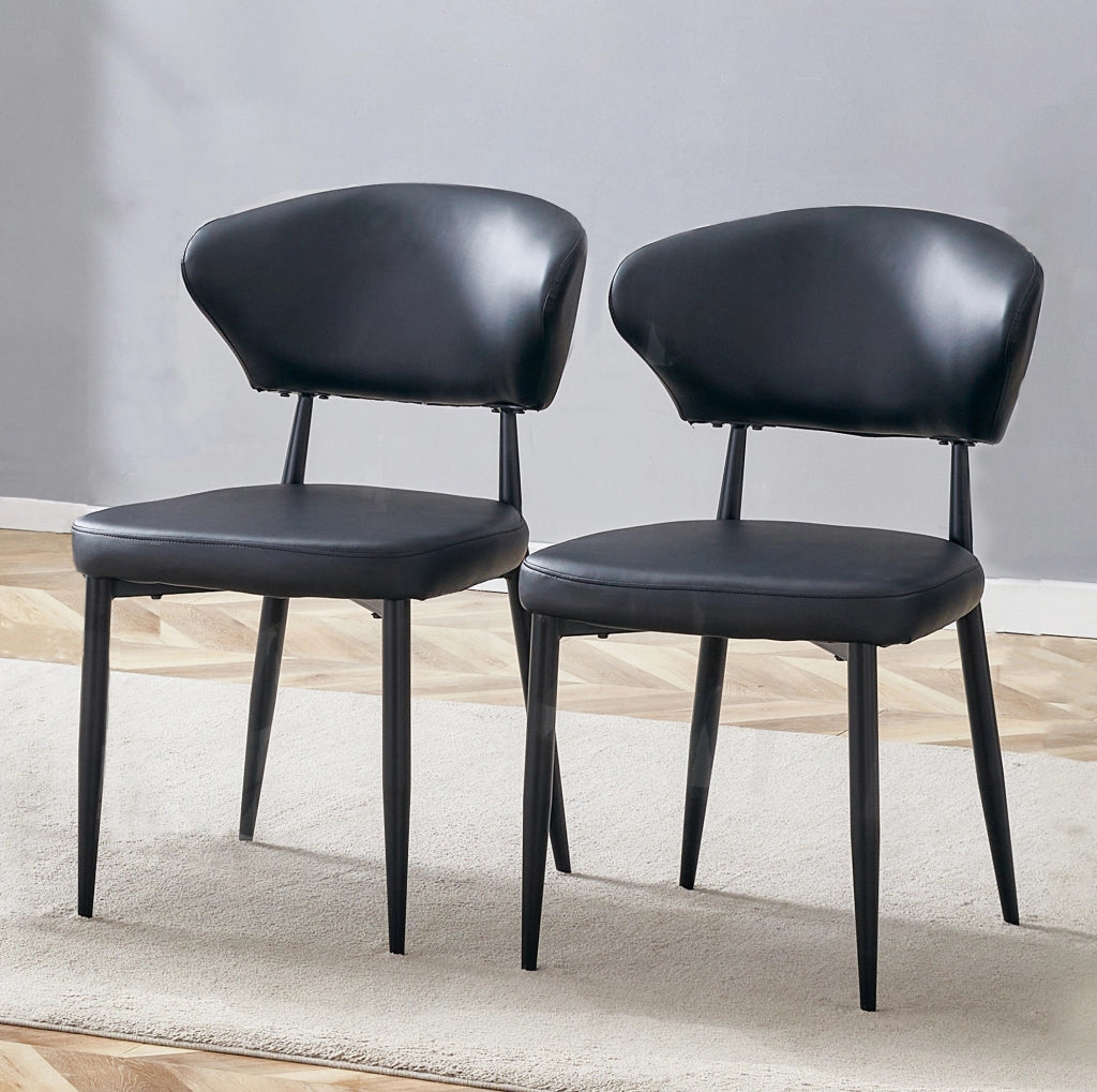 Set di 2 sedie da pranzo moderne nere in PU con schienale ergonomico e gambe in metallo