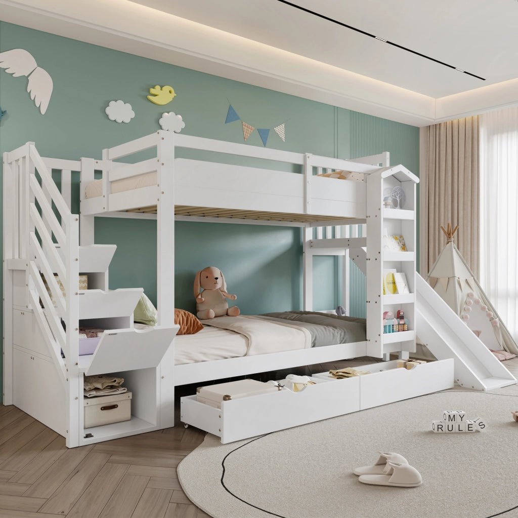 Letto a castello per bambini con scivolo; scala contenitore e 2 cassetti; bianco; 90x200 cm