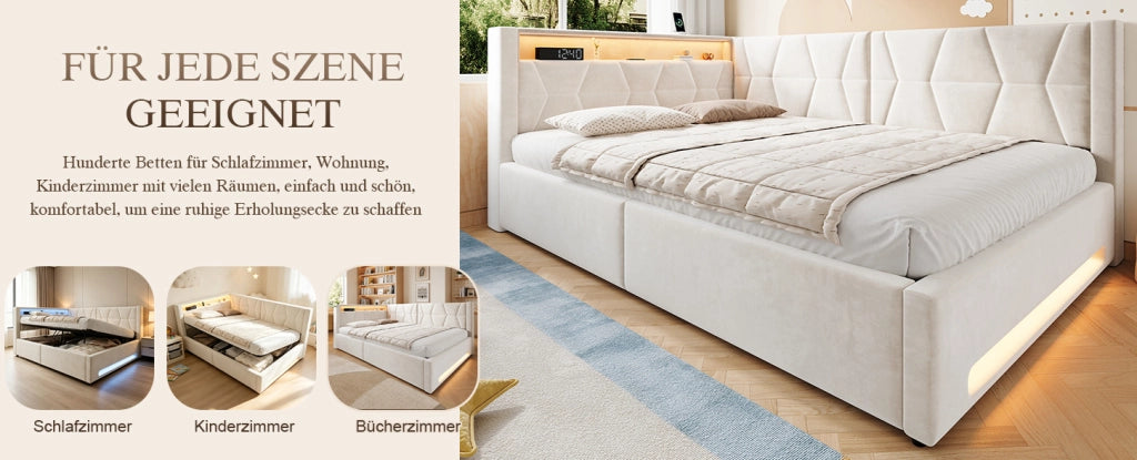 Letto imbottito 140x200 cm in velluto beige con contenitore, LED, USB e Type-C