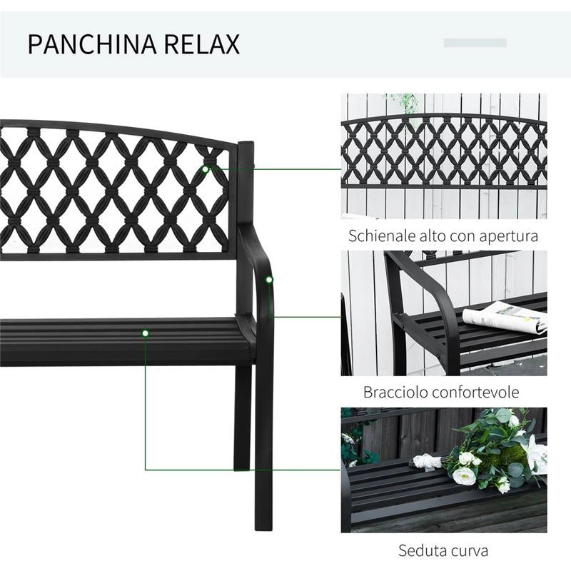 PANCHINA DA ESTERNO 2 POSTI CON BRACCIOLI IN ACCIAIO E GHISA, 128X58.5X89CM, NERO