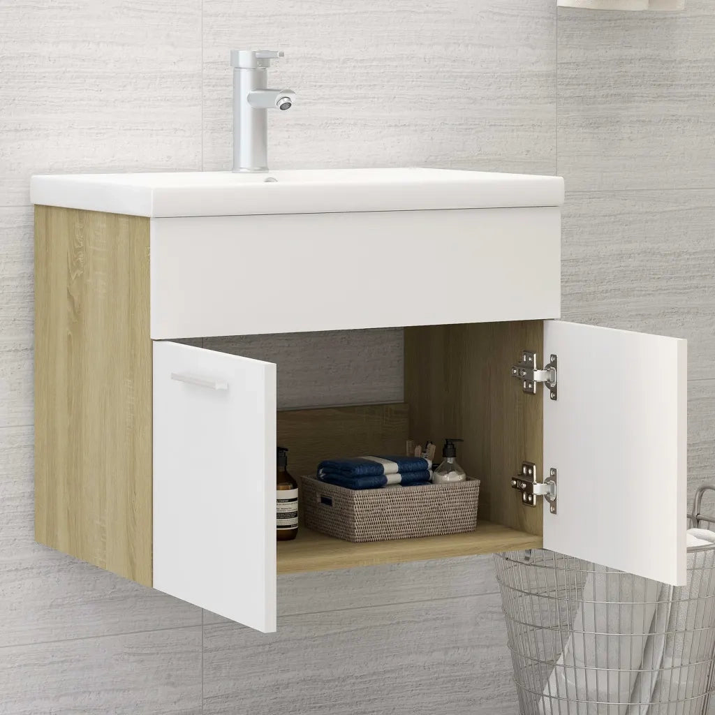 Mobile da Bagno con Lavabo Bianco e Rovere Sonoma in Truciolato 3070825