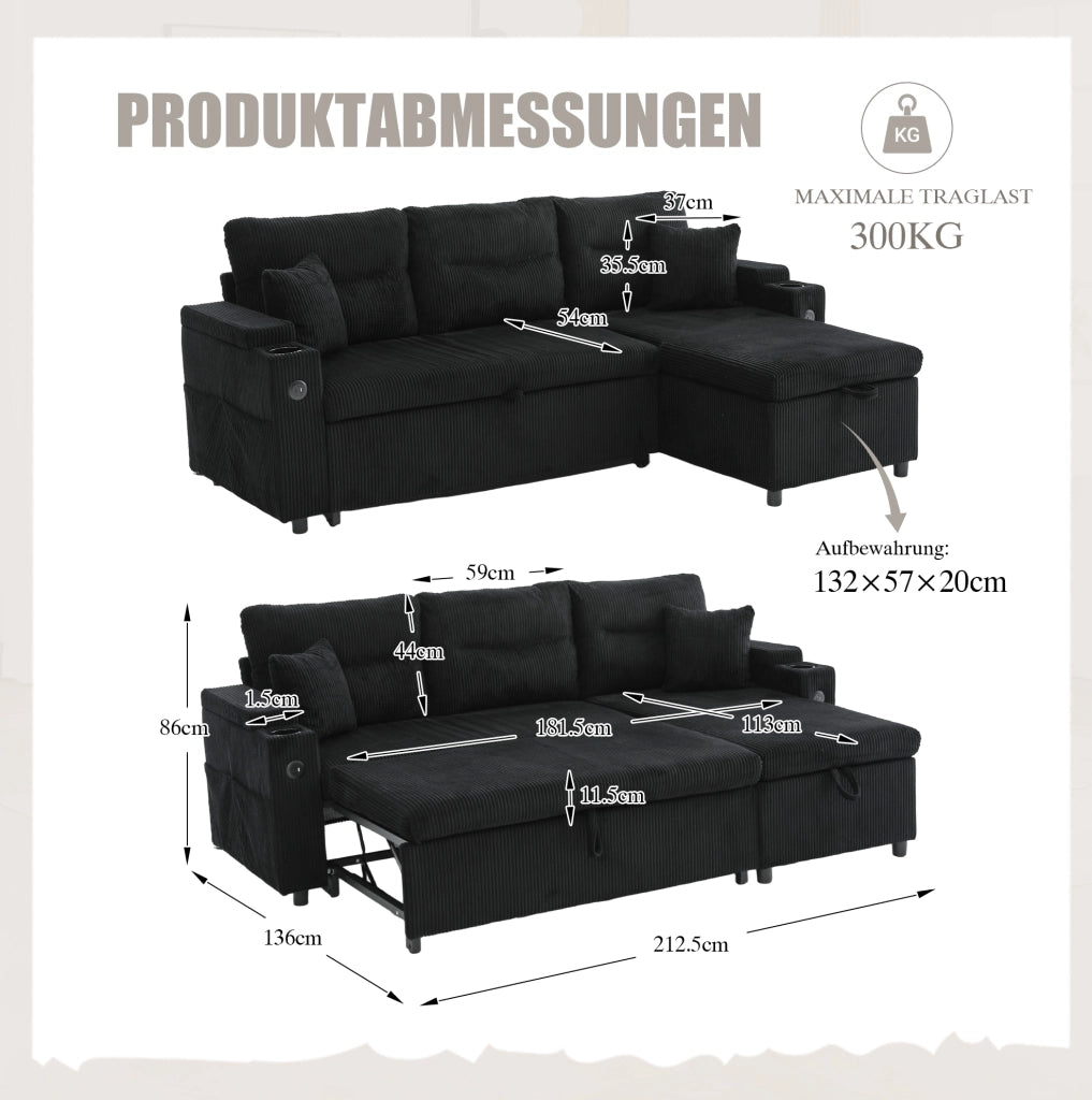 Divano 3 posti in tessuto corduroy nero con chaise longue idraulica; letto estraibile e USB-C