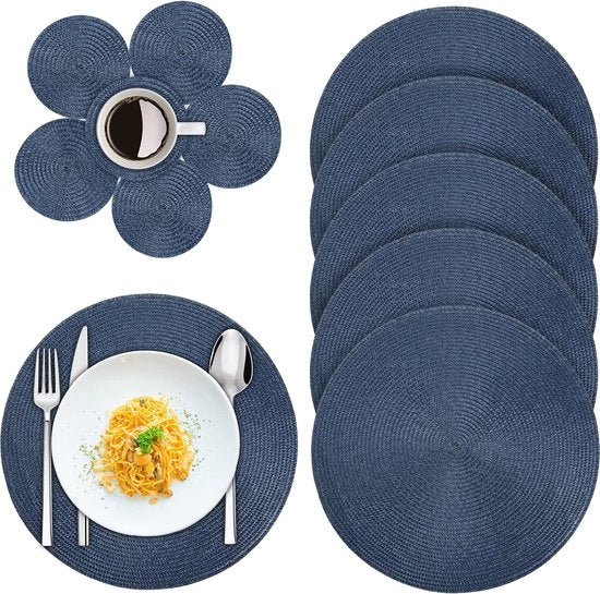 Set di 12 tovagliette di servizio, circolari, doppie, resistenti al calore, antiscivolo, in PP, 6, 38 cm, tovagliette e 6 sottopiani per bicchieri da 10 cm