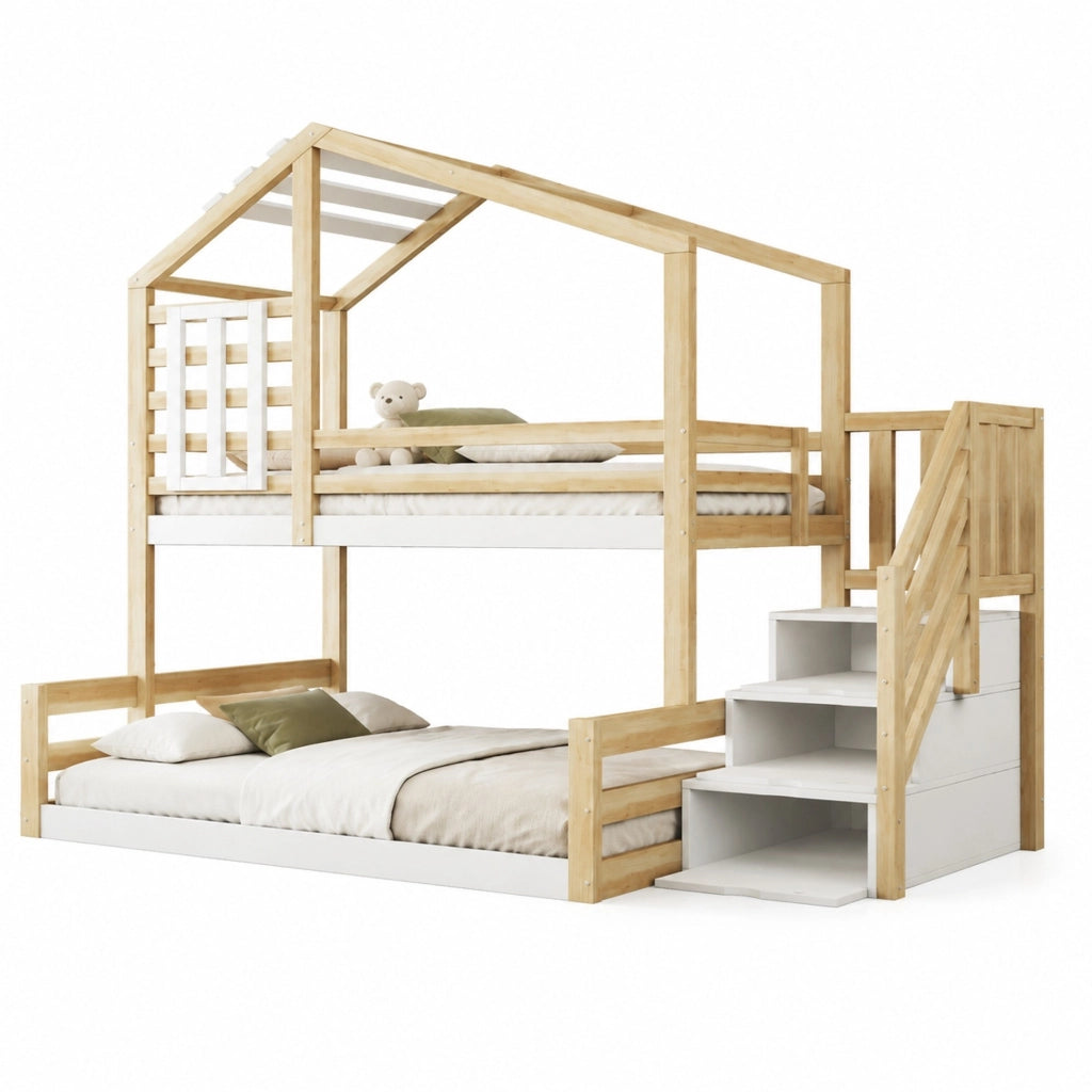 Letto a castello per bambini in pino e MDF con scala contenitore